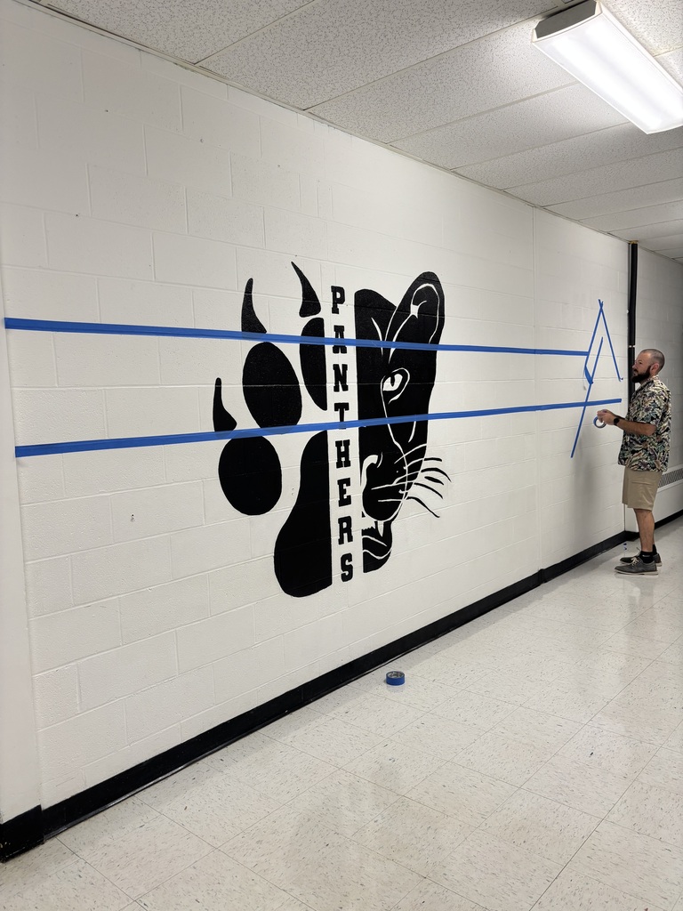 A graphic of the panther with the blue painters tape outline