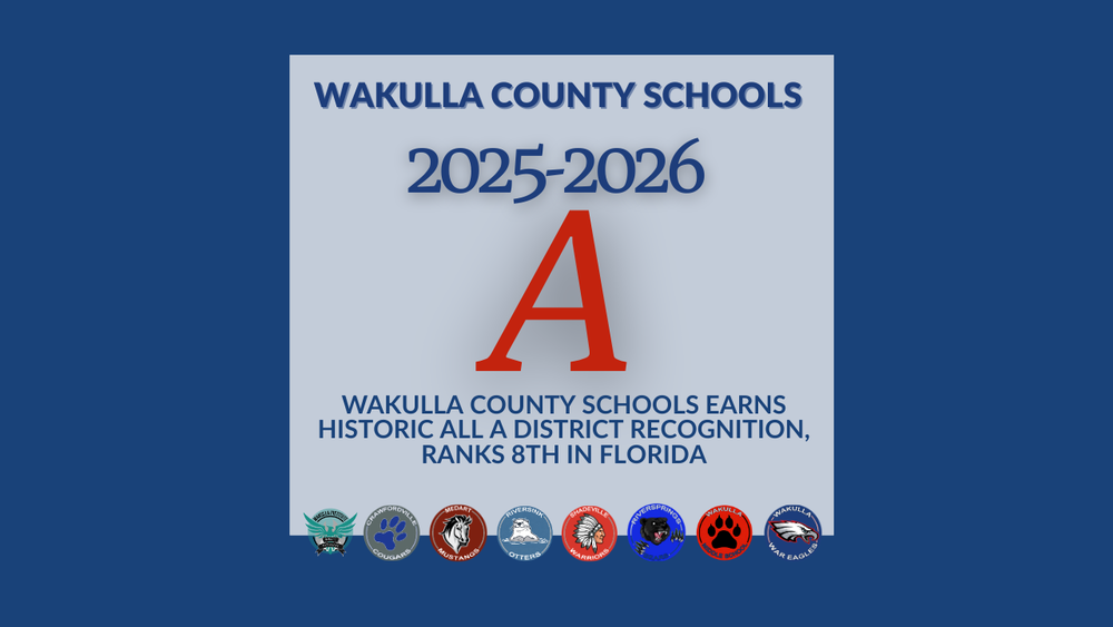 Wakulla County Schools Earns Historic All A District Recognition, Ranks 8th in Florida , image red and blue with school logos