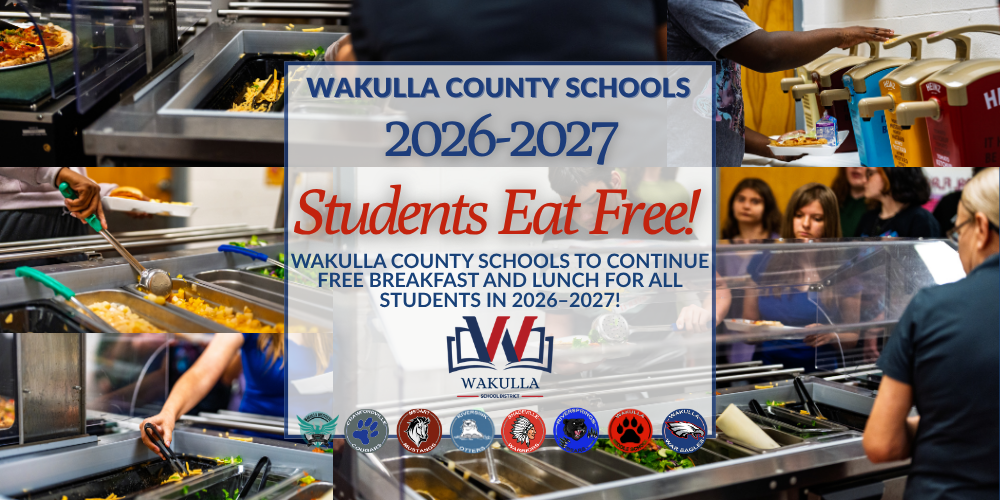 A person is preparing food at a buffet with a pizza on the left and salad bar ingredients in the center. Wording: Students eat free in 2026-2027 Wakulla County Schools to continue free breakfast and lunch for all students