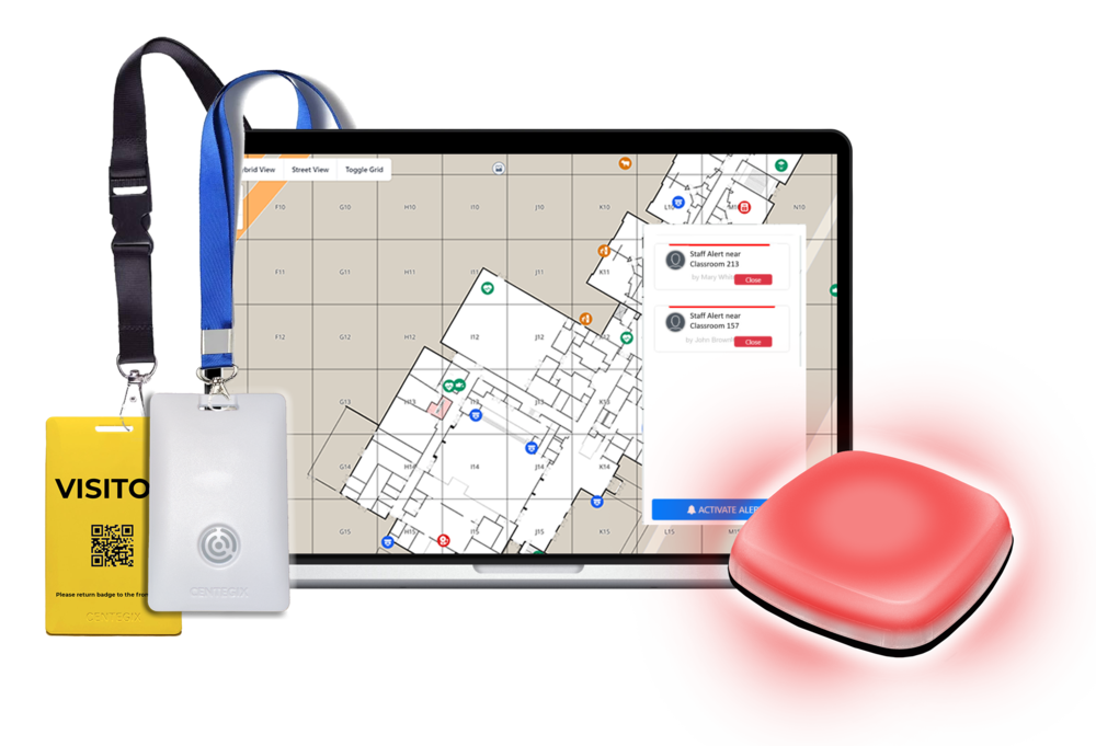 Centegix Alert system with a badge, map, and red port light.