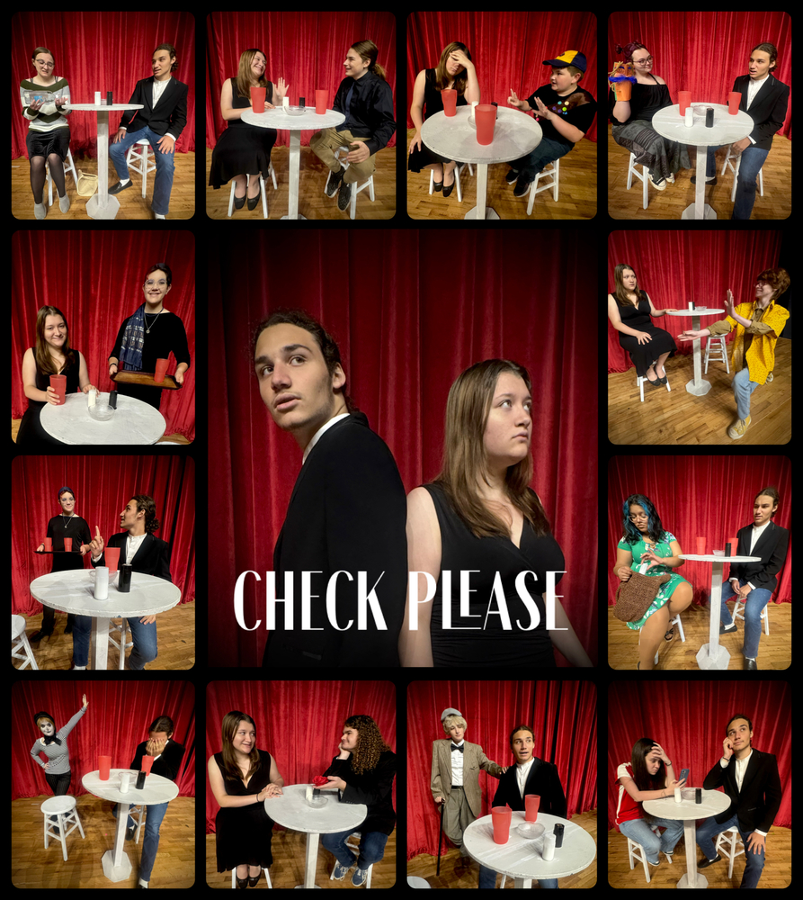 Various Images of student actors in their scenes for Check Please. The Winter play.