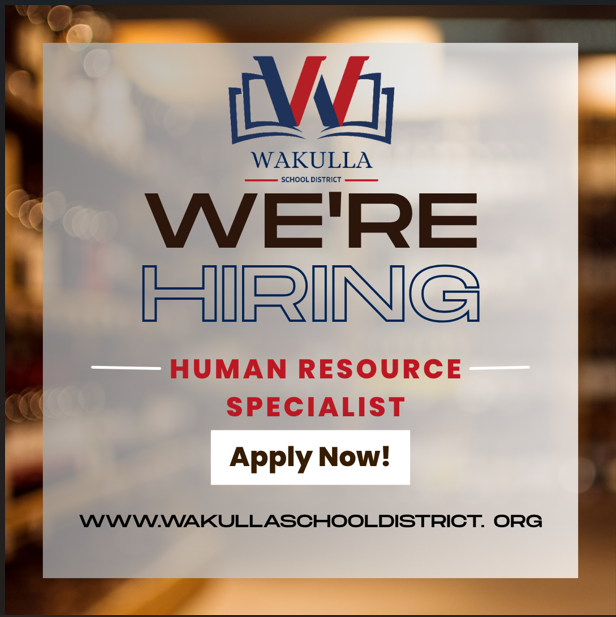 We are hiring a Humna Resource Specialist. Visit Wakulla School District to apply.