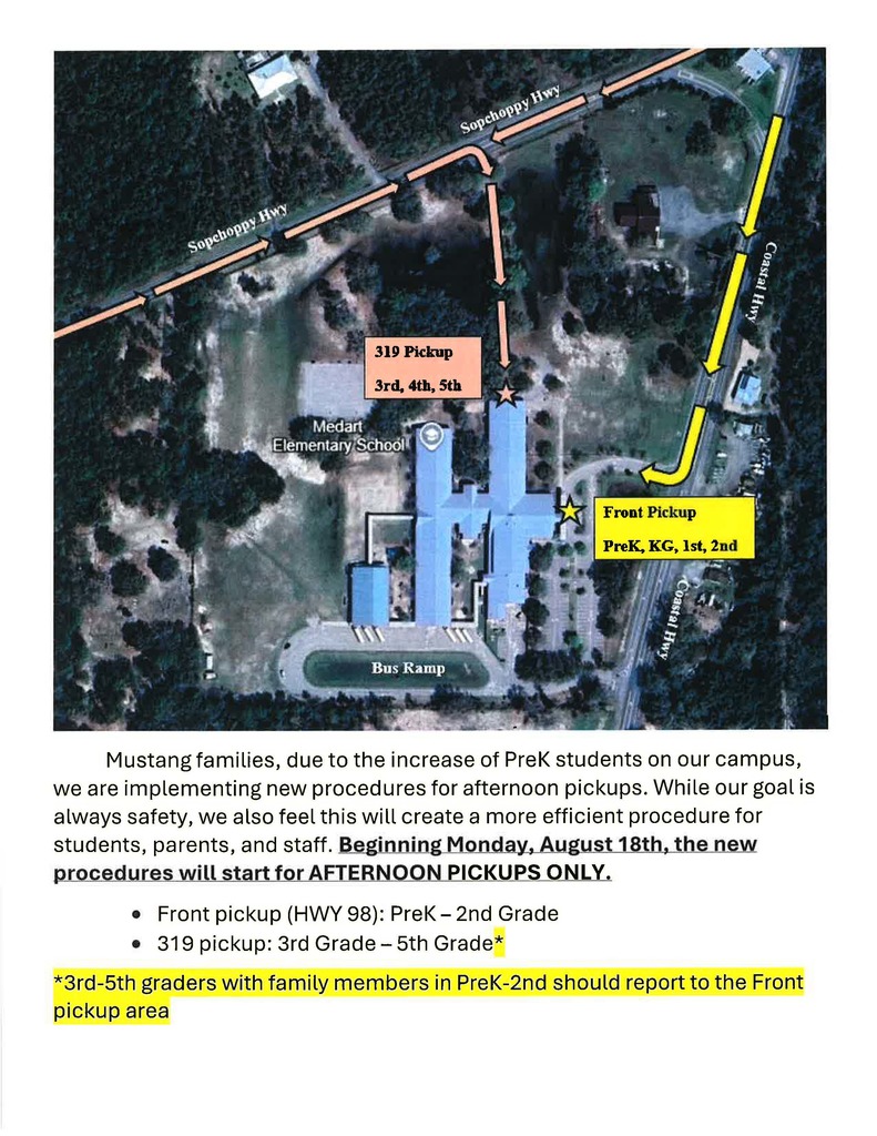 Mustang families, due to the increase of PreK students on our campus, we are implementing new procedures for afternoon pickups. While our goal is always safety, we also feel this will create a more efficient procedure for students, parents, and staff. Beginning Monday, August 18th, the new procedures will start for AFTERNOON PICKUPS ONLY. Front pickup (HWY 98): PreK – 2nd Grade 319 pickup: 3rd Grade – 5th Grade* *3rd-5th graders with family members in PreK-2nd should report to the Front pickup area. Thank you for working with us as we make these changes.