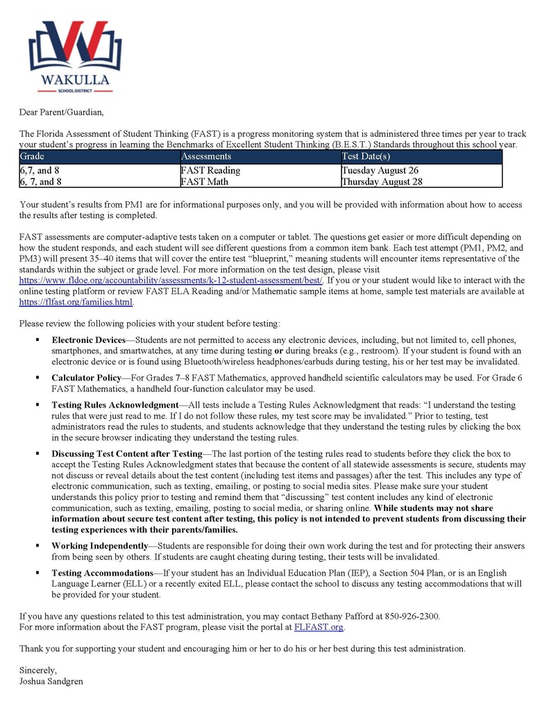 PM1 Fast testing letter to parents.