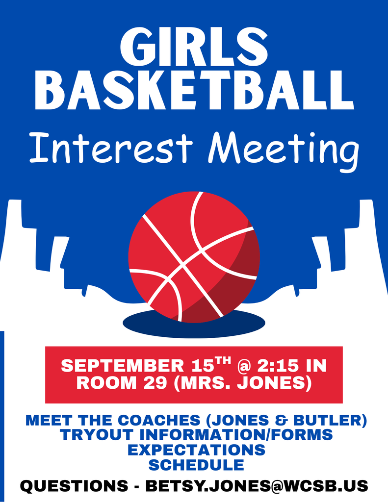 Red, white, and blue Girls Basketball Interest meeting