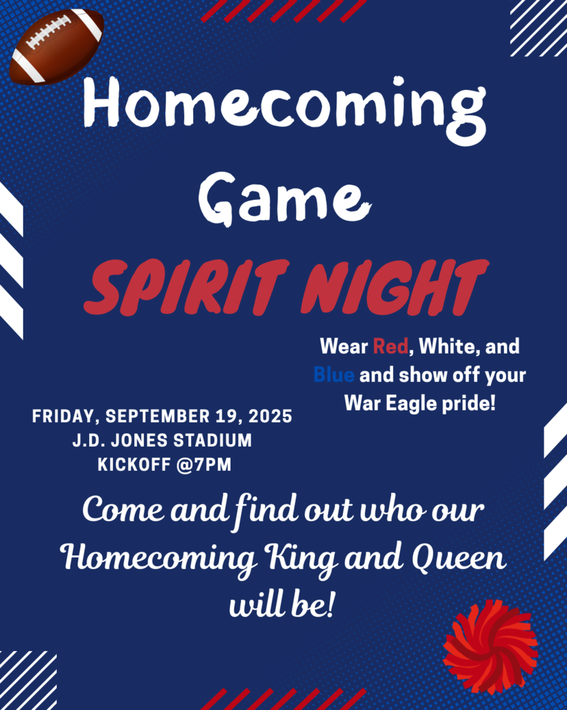 Homecoming Game! Spirit night! Wear red, white, and blue. Friday, September 19, @7pm