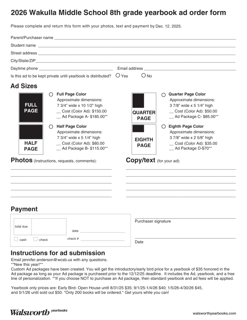 Yearbook Ad Order Form