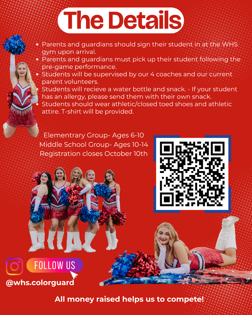 Wakulla School District elementary and middle school students have the opportunity to perform a pre-game dance at our next varsity football game on October 24th!   Purchase your ticket at>>https://gofan.co/event/4772312?schoolId=FL24295. Registration closes October 10th. Email Ms. Post with any questions at brooke.post@wcsb.us!