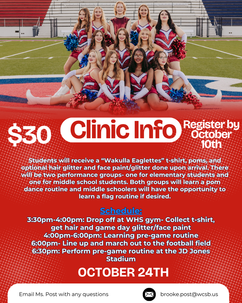 Wakulla School District elementary and middle school students have the opportunity to perform a pre-game dance at our next varsity football game on October 24th!   Purchase your ticket at>>https://gofan.co/event/4772312?schoolId=FL24295. Registration closes October 10th. Email Ms. Post with any questions at brooke.post@wcsb.us!