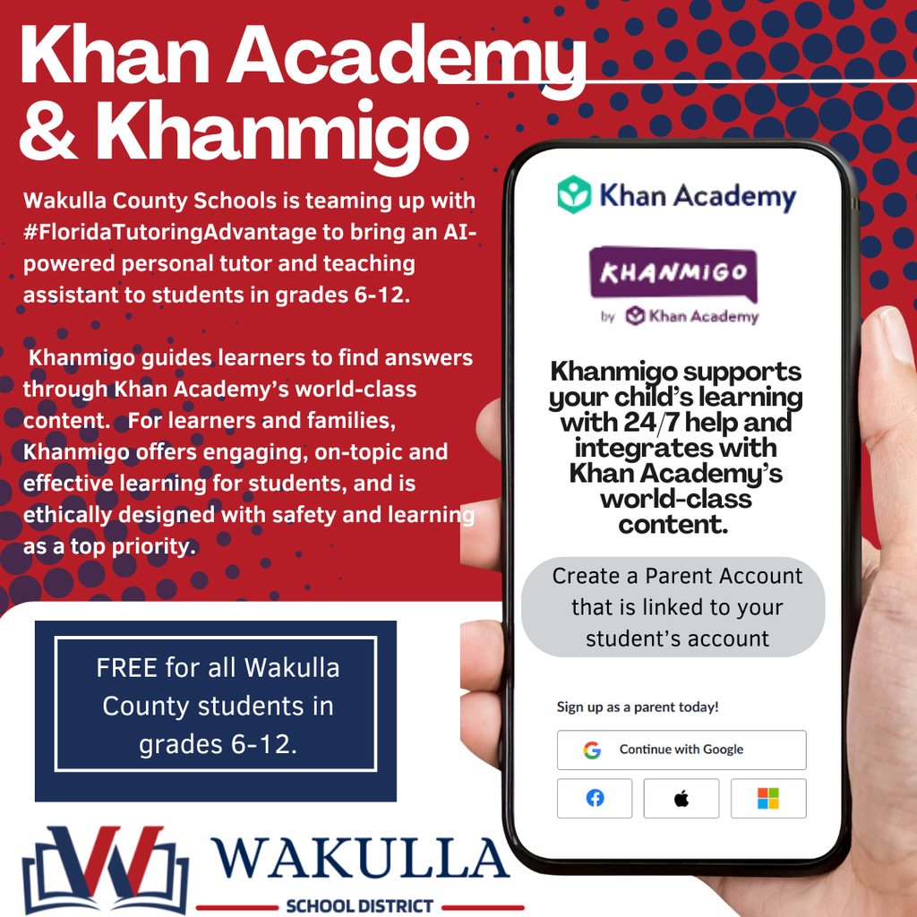 Red white and blue information about Khanmigo Academy Tutoring