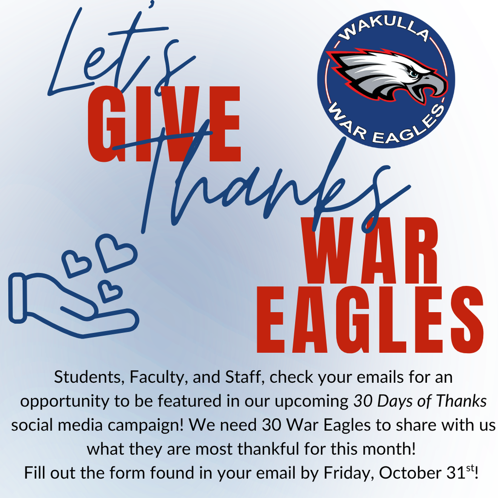 REd, white, and blue 🍂 Let’s give thanks, War Eagles! 💙❤️ Check your email for a chance to be featured in our 30 Days of Thanks: The Wakulla Way campaign! Share what you’re most thankful for and upload your photo by Friday, October 31st. #30DaysOfThanks