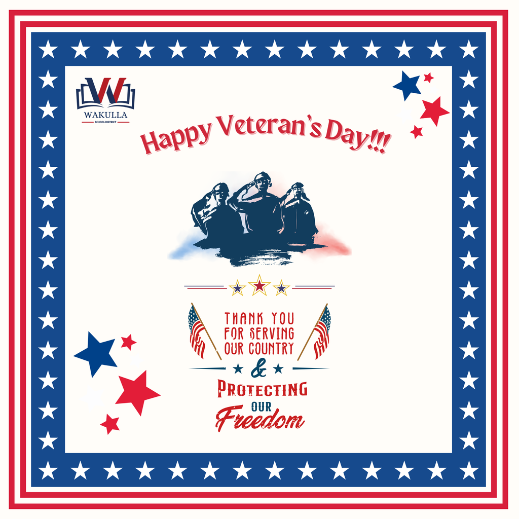 This Veteran’s Day, we pause to thank our incredible veterans and military families for your service and sacrifice. Your bravery has helped shape our freedom, our futures, and our school family.  📅 Please note, there will be no school on Tuesday, November 11, 2025, in observance of Veteran’s Day.  Let’s take this day to reflect, show gratitude, and celebrate the heroes among us. #VeteransDay #ThankYouVeterans #WakullaCountySchools