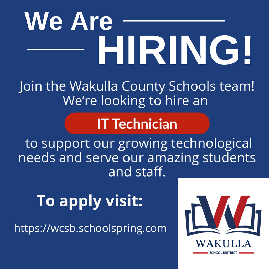 https://wcsb.schoolspring.com/ We are looking to hire an IT Technician to suppport our growing tech needs and students and staff