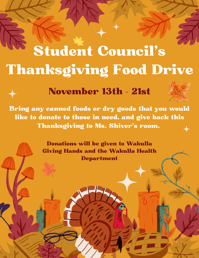Student Council is doing a canned food drive for a thanksgiving give back project. We would love for students to bring canned foods to give back also! All canned foods that are brought should be dropped off in Shivers room in the science hall!