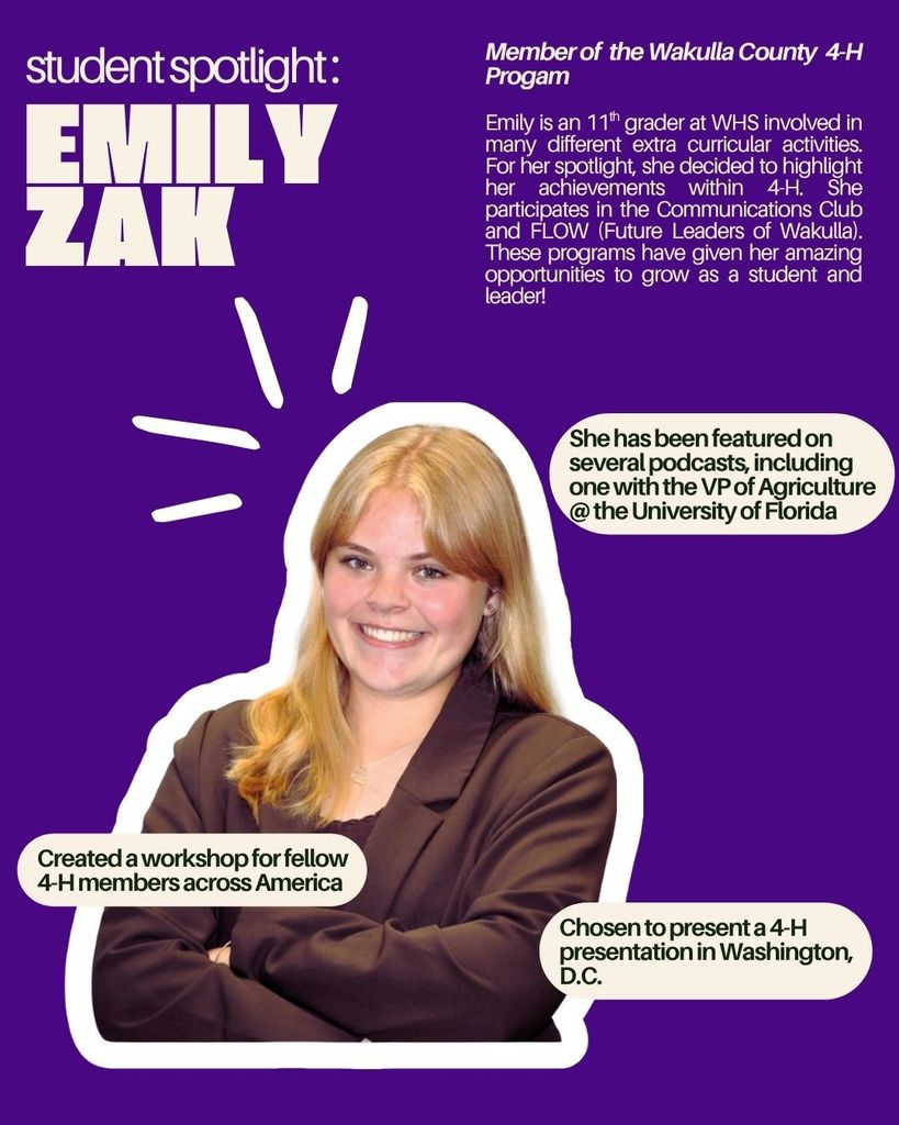 :  🌟 National Honor Society Spotlight! 🌟 Congratulations to Emily Zak, our November NHS Student of the Month!  Emily continues to shine through her service, leadership, character, and academic excellence. We’re so proud of you, Emily—keep up the amazing work! 💙✨  #WakullaHigh #NHSSpotlight