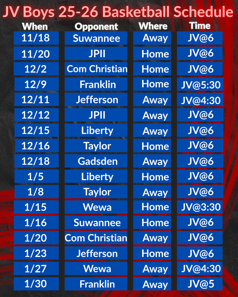 JV Boys Basketball Schedule 25-26