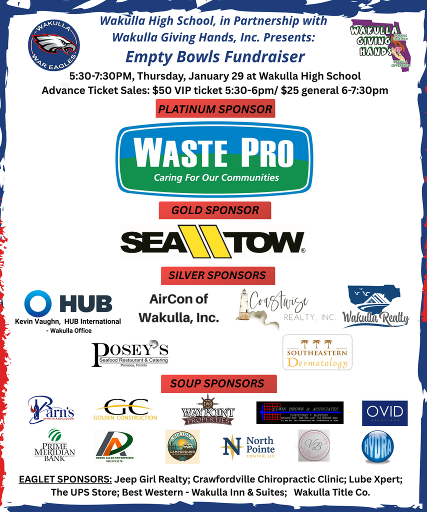 Limited number of tickets available. Tickets will be assigned in the order received. To reserve your general admission ticket(s), email Petra at pmshuff@yahoo.com with your name and number of tickets requested. Payment, cash or checks made out to Wakulla High School, is due at ticket pick up, 4 - 6 pm, Tuesday, December 16, at Vintage Blossom Florist and Gifts in Crawfordville (across from ACE).