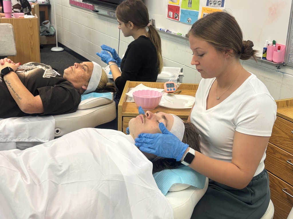 Salon Services Days: Students, Teachers, and Parents receiving various salon services like nails, facials, a brow waxing