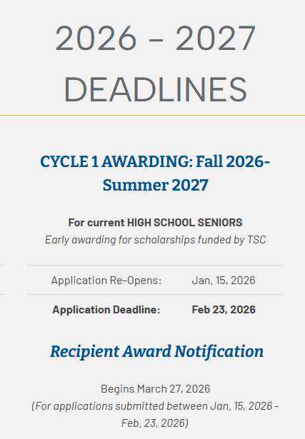 TSC Foundations Scholarship Application deadline dates for High School SENIORS, Deadline: February 23, 2026
