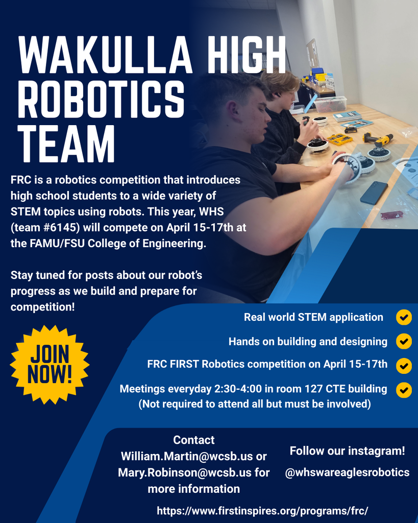 The WHS Robotics Team has just kicked off! Please stop by and join us or track our robots progress on our Instagram @whswareaglesrobotics. Meeting happen every day in Room 127 CTE.