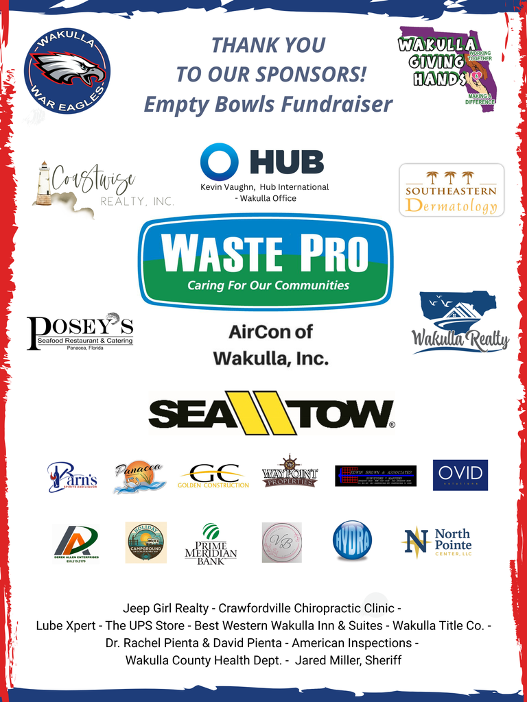 Hosted by Wakulla High School in partnership with Wakulla Giving Hands, Inc. 📅 Thursday, January 29, 2026 ⏰ 5:30–7:30 PM 📍 WHS CTE Wing  Wakulla High School is excited to welcome our community to the 2026 Empty Bowls Fundraiser, a special evening combining our Culinary Arts, Art, and Guitar programs for a night of creativity, community, and compassion.  Guests will enjoy homemade soups, fresh bread, and desserts, all prepared by our WHS Culinary students.