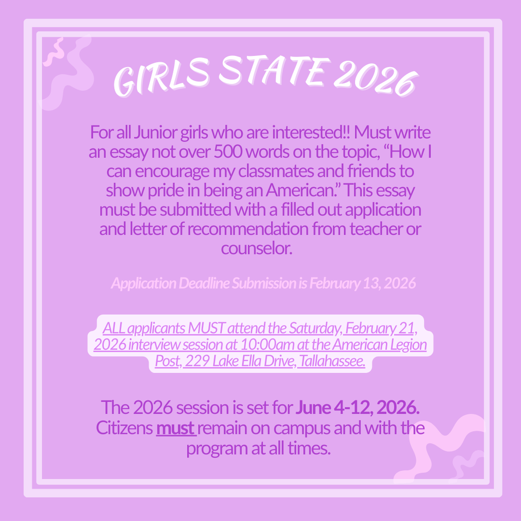 Girls State 2026!!  Applications and essays are Due February 13th