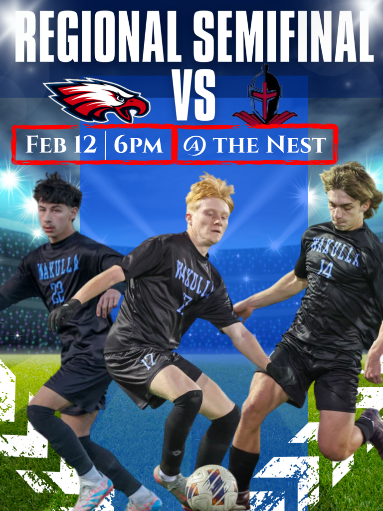 Flyer for Boys Soccer Semi-Regional play-offs this Thursday, FEbruary 12th at 6:00PM Three Soccer boys playing