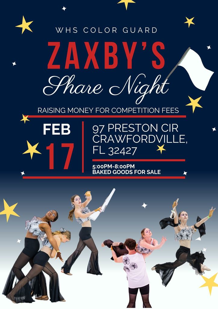 Our Wakulla Color Guard team is having a share night at Zaxby's in Crawfordville on Tuesday, February 17th, starting at 5:00pm. They are raising money to help with competition fees and transportation. They will be selling baked goods until 8:00pm! Come out and show your support for the sport of the arts!