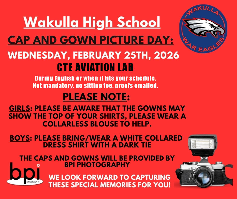 Cap and Gown information for Seniors. It will be Wednesday 2/25 in the CTE Aviation Lab