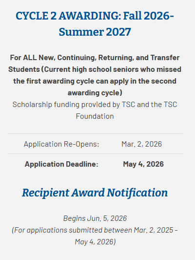Missed Cycle 1? There’s Still Time!  The Cycle 2 TSC Foundation Scholarship Application is open for the 2026–2027 school year!  If you didn’t apply during the first awarding cycle, this is your second chance to be considered for scholarship funding through the Tallahassee State College Foundation.  🗓 Application Deadline: Monday, May 4, 2026  With just one application, you’ll automatically be matched with a variety of available scholarships — no separate applications required.  Visit https://www.tsc.fl.edu/admissions/financial-aid/scholarships/  to review the steps and create your TSC scholarship account.  💰 Don’t leave money on the table. If you missed Cycle 1, Cycle 2 is your opportunity!