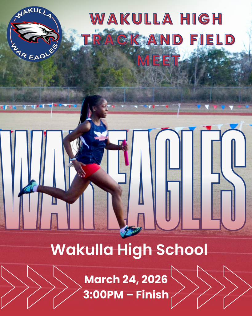 Want to see some of Wakulla’s top track and field athletes in action? Join us for the Wakulla Track & Field Home Meet on March 24 at 3:00 PM as the War Eagles take the track in front of the home crowd. From high-flying jumps to fast finishes, it’s a great chance to come out, support our student-athletes, and cheer on the War Eagles. We hope to see the Wakulla community there!