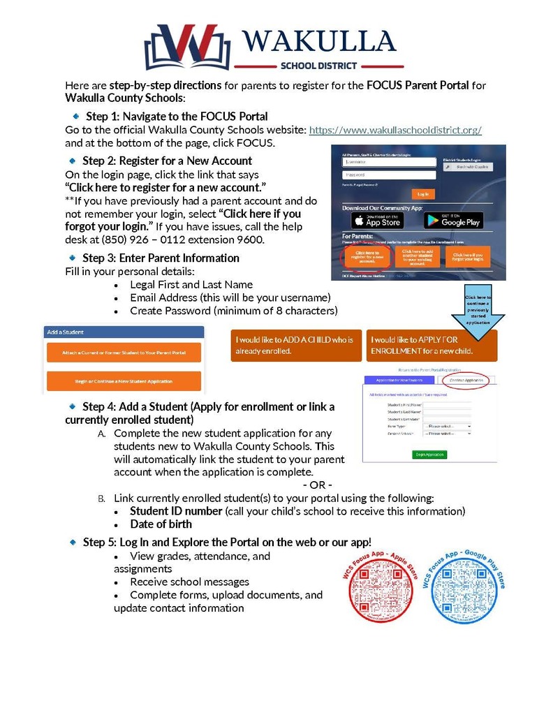 Step-by-step directions for parents to register for the FOCUS Parent Portal for Wakulla County Schools: