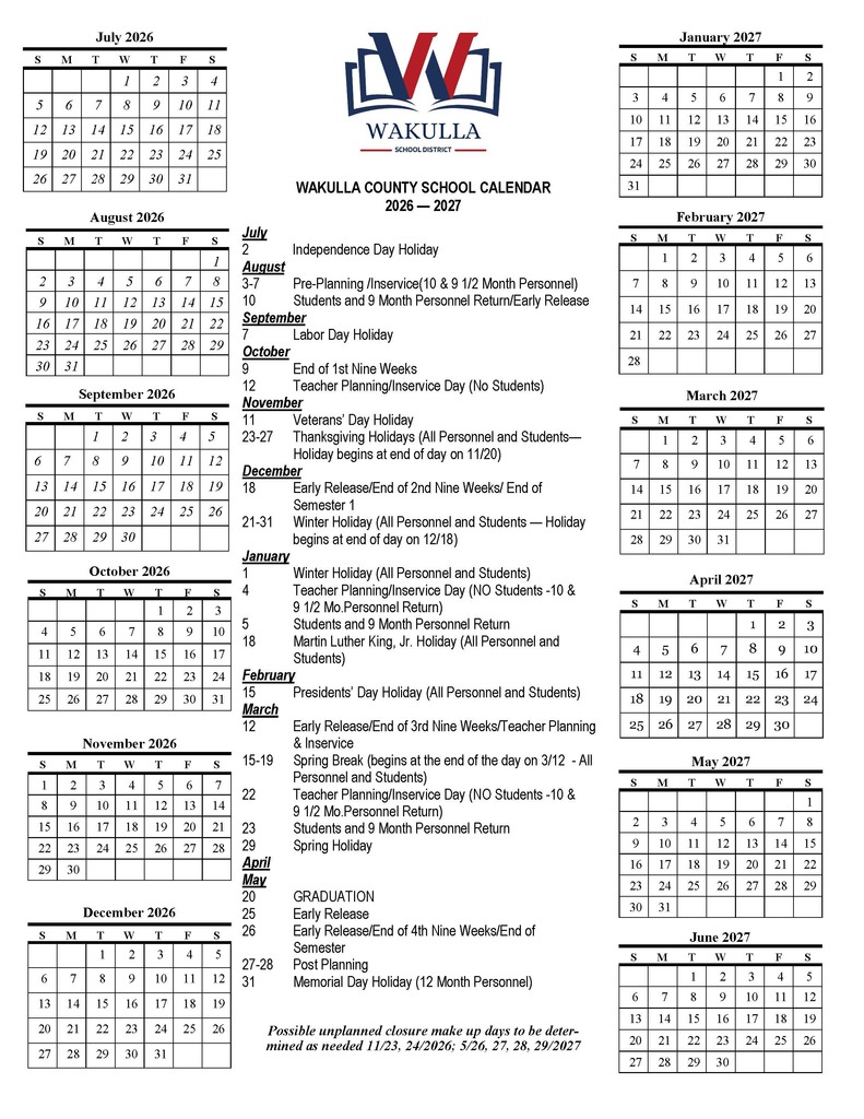 2026-2027 School Calendar