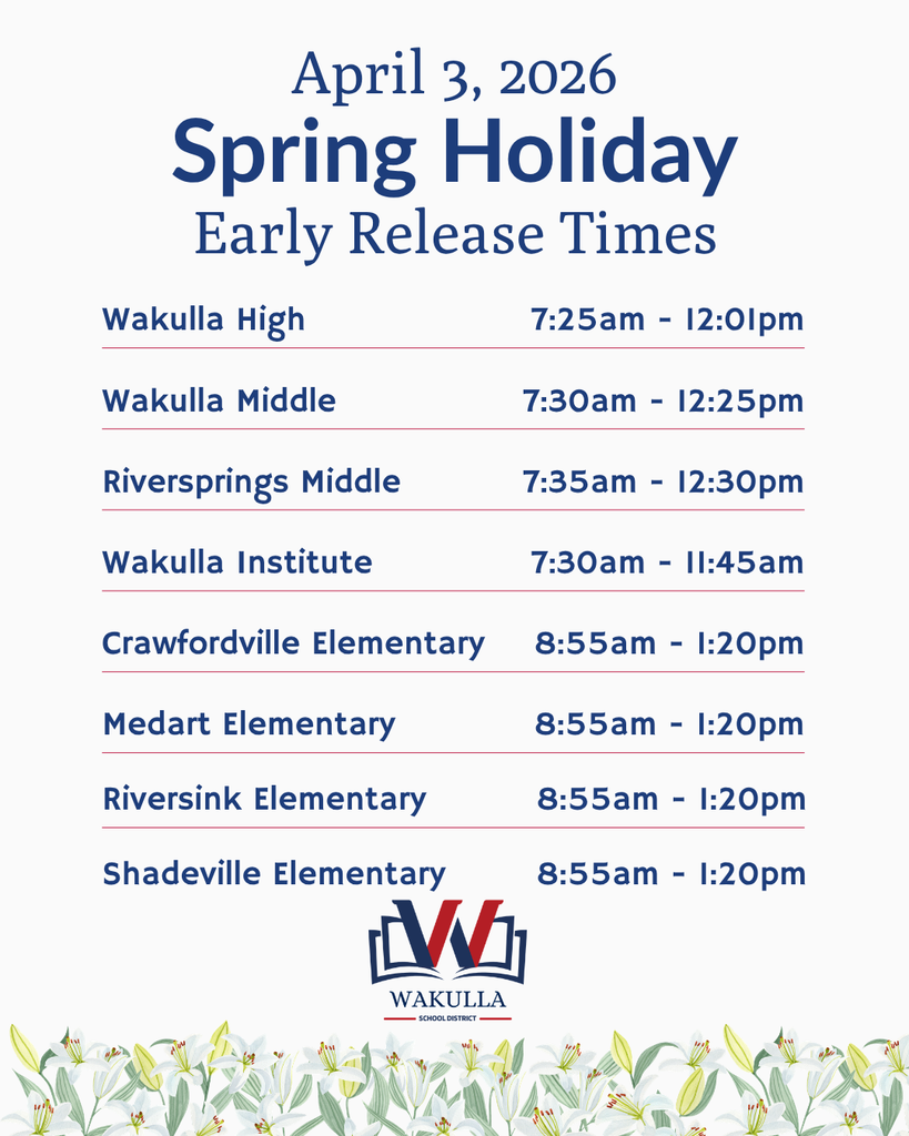 Reminder for families! 📣 This Friday, April 3, 2026, is an Early Release Day for Wakulla County Schools. Please take note of adjusted dismissal times for your child’s school. We appreciate your support in planning ahead for transportation and after-school arrangements. Thank you for partnering with us to keep our students safe and supported each day! #WakullaCountySchools