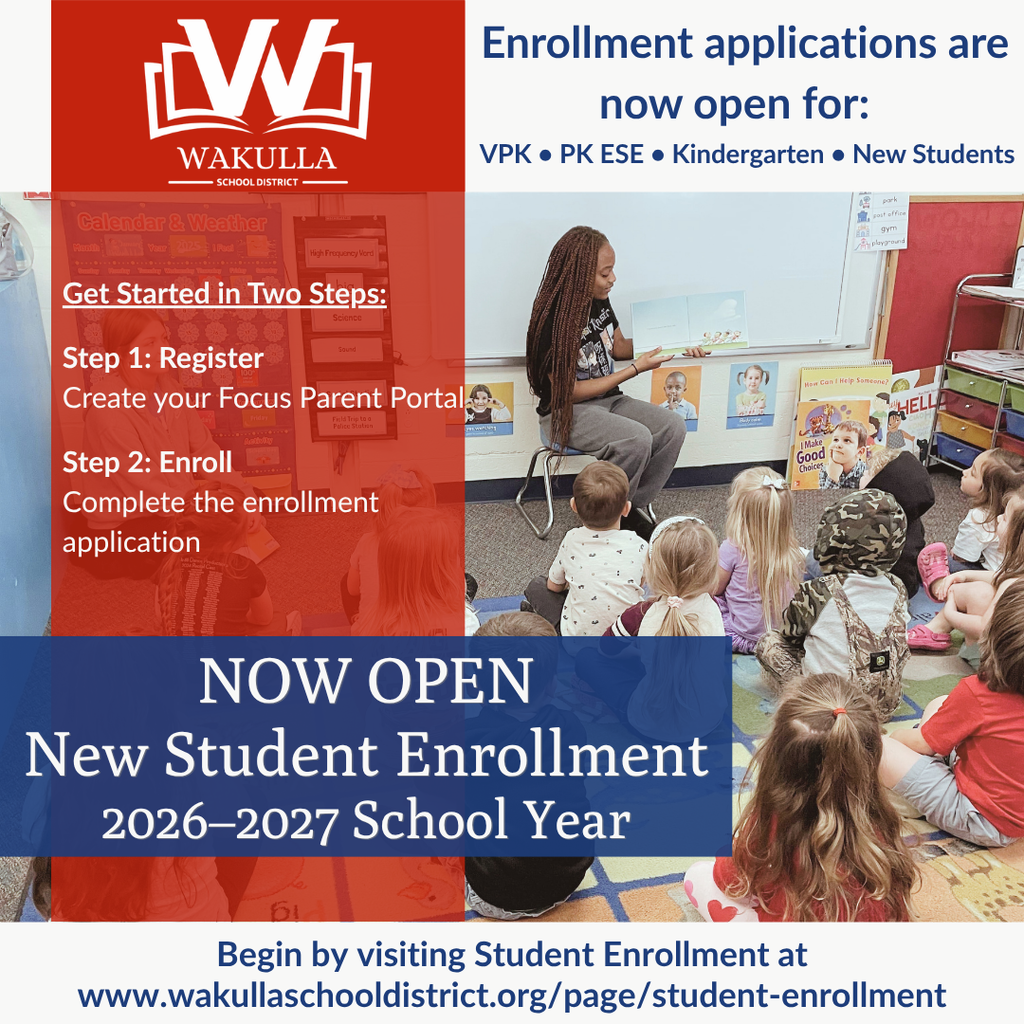 Red, white, and blue enrollment graphic about new student enrollment. Children sitting on a rug being read to. 