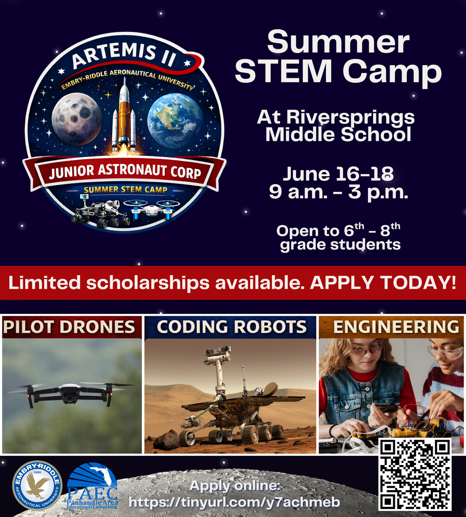 Summer Stem Camp flyer at Riversprings Middle School June 16-18, open to 6th-8th grade students