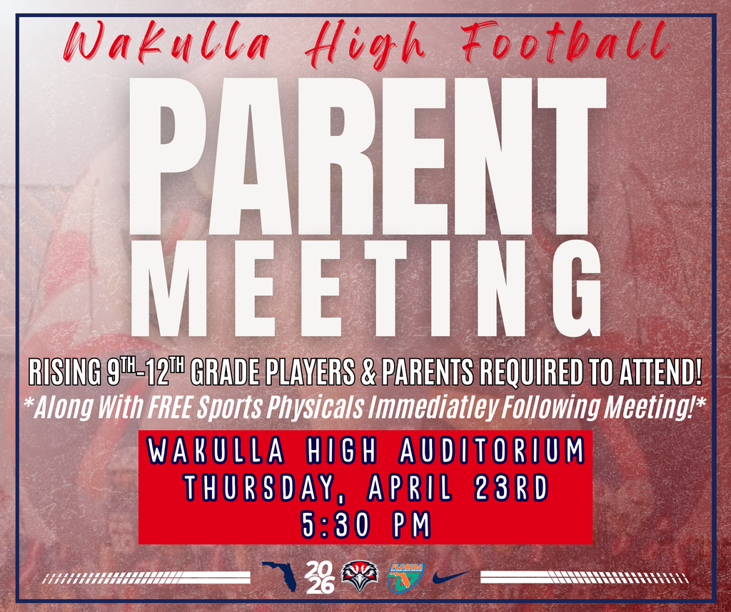 🔊 Calling all Football Players/Parents: Please be in attendance for an informational meeting for current and incoming students at WHS. This meeting will talk about program expectations, fundraising, spring schedule, and summer schedule. 🗓️ April 23rd ⏰ 5:30 PM 📍WHS Auditorium