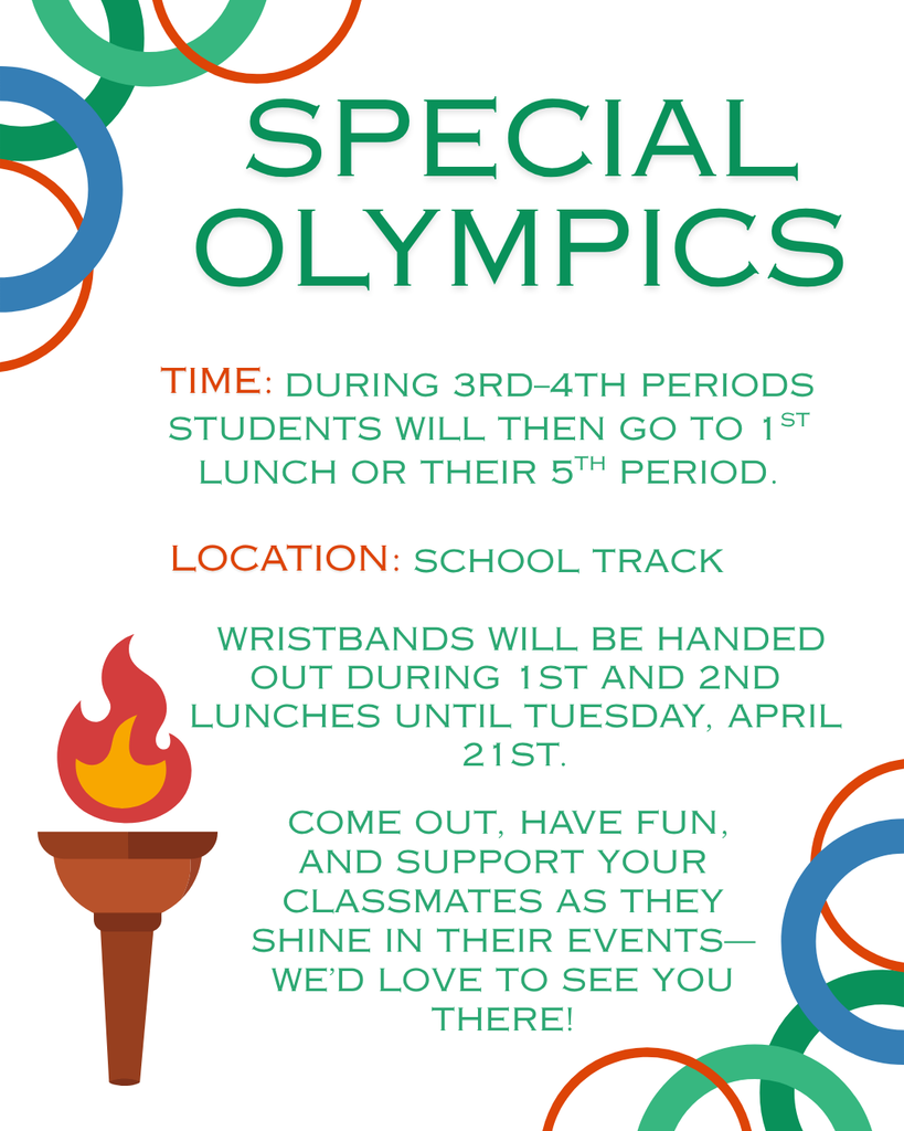 Join us in celebrating our amazing students as they compete in this year’s Special Olympics! This is a great opportunity to cheer on your peers, show school spirit, and be part of an uplifting and inspiring event. 💙 📍 Location: School Track ⏰ Time: During 3rd–4th periods. Wristbands will be handed out during 1st and 2nd lunches until Tuesday, April 21st. Come out, have fun, and support your classmates as they shine in their events—we’d love to see you there! Content created by M. White.