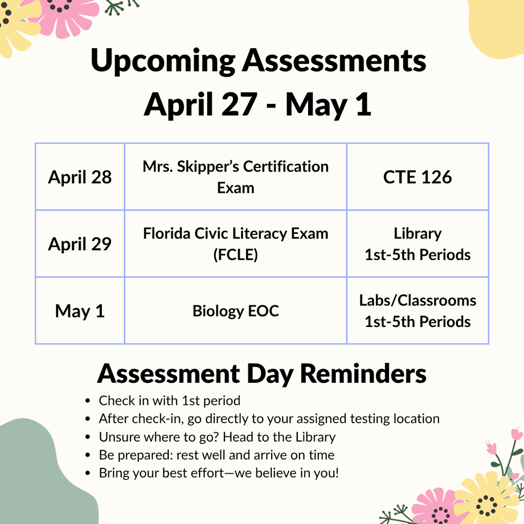 Take a moment to review this week’s assessment schedule. Students should report to 1st period, then head to their assigned testing location. Not sure where to go? The library is here to help. Rest well, arrive on time, and do your best!