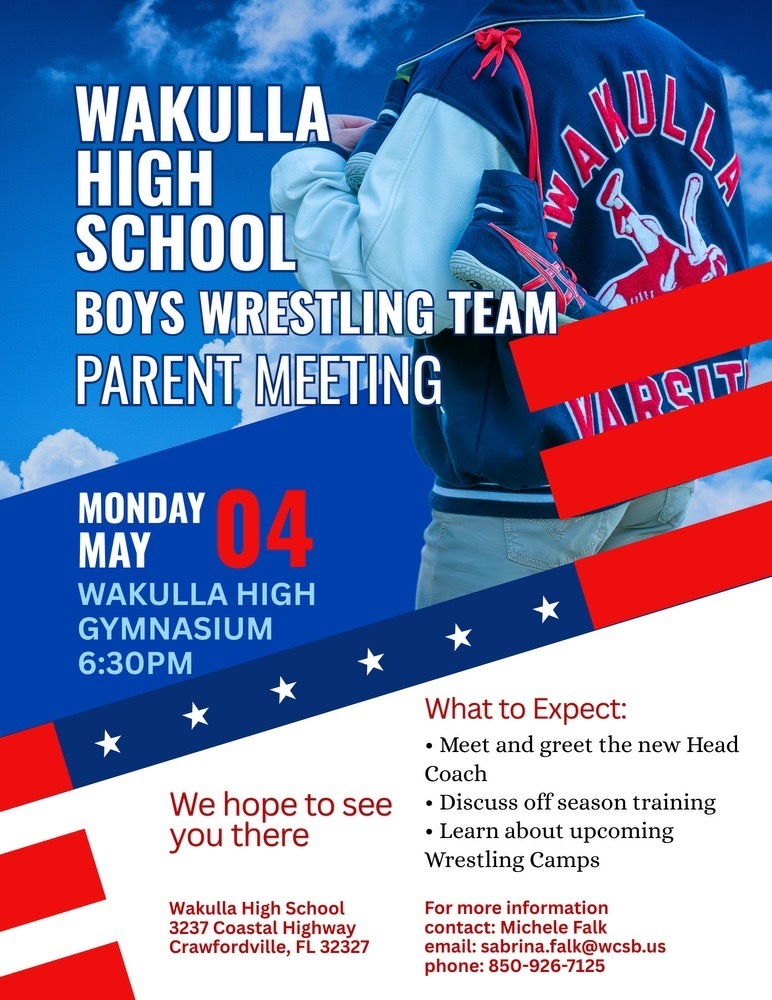 Wakulla High School is proud to welcome Shannon Smith as our new Head Wrestling Coach!   Coach Smith brings energy, experience, and a strong vision for building our wrestling program and supporting our student-athletes.  Parents and athletes are invited to a Wrestling Parent Meeting on Monday, May 4, where families will have the opportunity to meet Coach Smith, hear about the upcoming season, and learn more about the program.