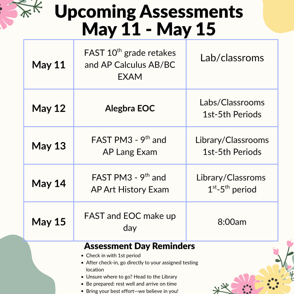 Upcoming Assessements at Wakulla High
