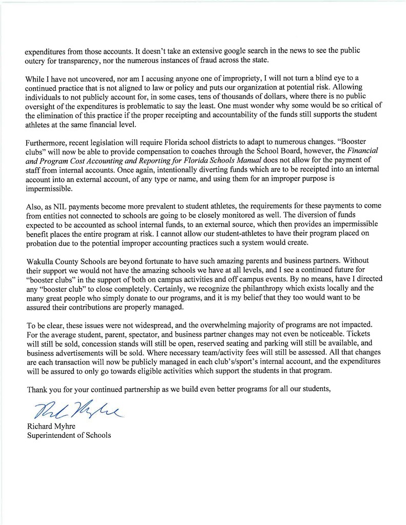 Improved Transparency and Budgeting for Extracurriculars and Internal Accounts  In order to better serve students through effective budgeting practices, and fully implement new legislation, Wakulla County Schools will incorporate more transparent and legally-aligned accounting for extracurriculars and school internal accounts. Please see the special statement from the Superintendent.