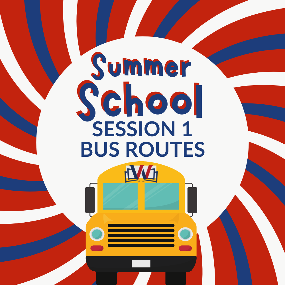 Decorative Red, white and blue image with bus saying Summer School Session Bus Routes