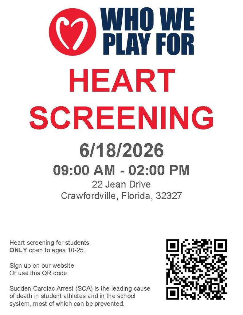 Wakulla County Schools is partnering with Who We Play For to offer ECG heart screenings for students on Thursday, June 18, 2026, from 9:00 a.m. to 2:00 p.m. at Wakulla Middle School.