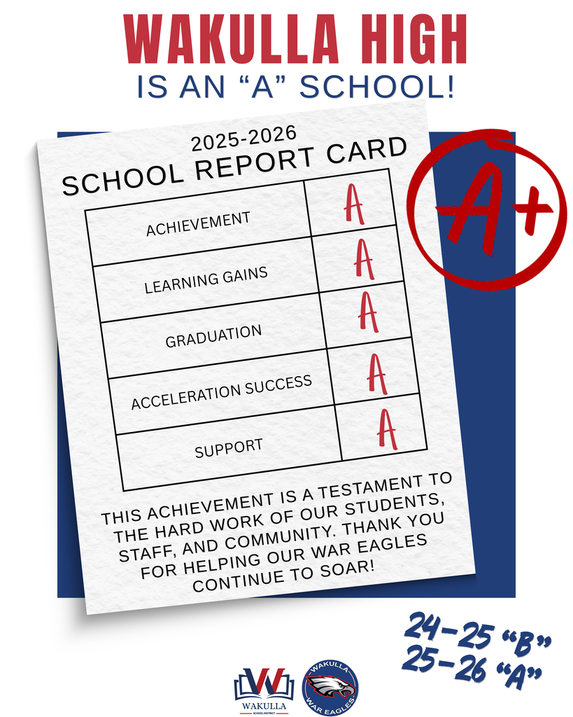 Wakulla High is an "A" School!   From a B to an A in one year. The climb was worth it!  This achievement is a testament to the hard work of our students, faculty, staff, and community. Thank you for helping our War Eagles continue to soar!