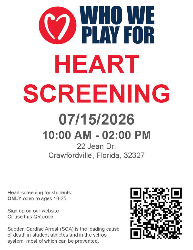 Poster for "Who We Heart Play For" screening on 07/15/2026 at Wakulla Middle School. The screening costs $20.00 or is free with a grant option. Registration is available online or via QR code. The poster highlights statistics about sudden cardiac arrest in youth.