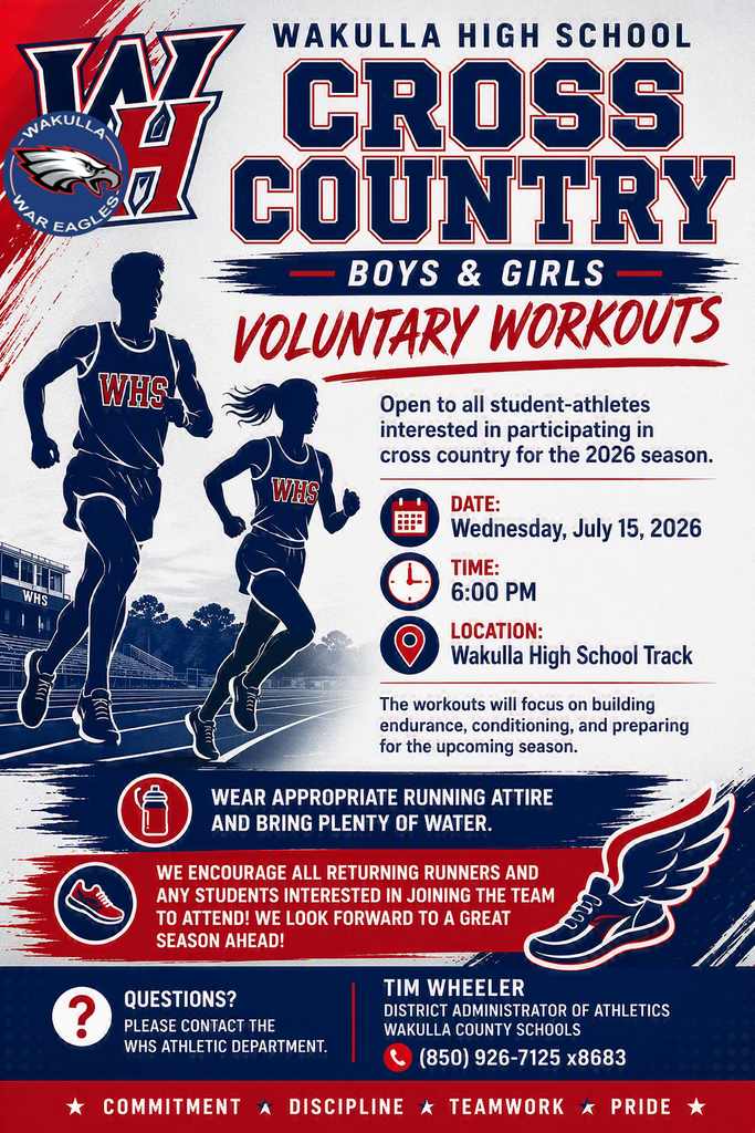 Wakulla High School Cross Country Boys & Girls Voluntary Workouts flyer. Features silhouettes of two runners, workout details, and contact information for Tim Wheeler.