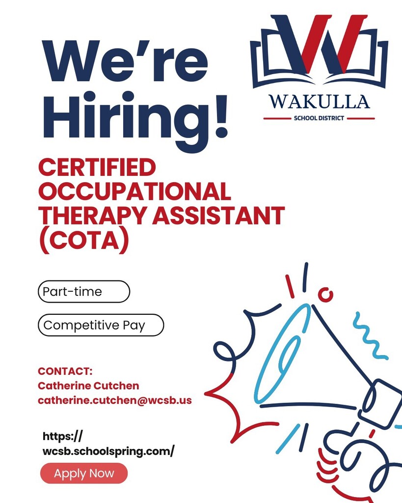 Join the Wakulla County Schools team! We are hiring a part-time Certified Occupational Therapy Assistant (COTA) with competitive pay. For more information, contact Catherine Cutchen at catherine.cutchen@wcsb.us. Apply today: wcsb.schoolspring.com Build futures. Serve with Wakulla.