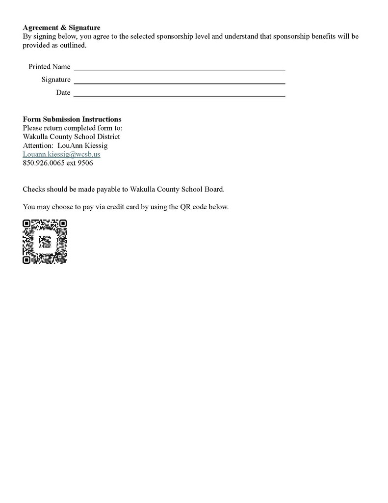 Final page of the Wakulla County Schools Welcome Back Pep Rally Sponsorship Commitment Form. The page includes an agreement and signature section, along with submission instructions. Completed forms should be returned to LouAnn Kiessig at louann.kiessig@wcsb.us or by calling 850-926-0065, extension 9506. Checks should be made payable to Wakulla County School Board. A QR code is provided for credit card payments.