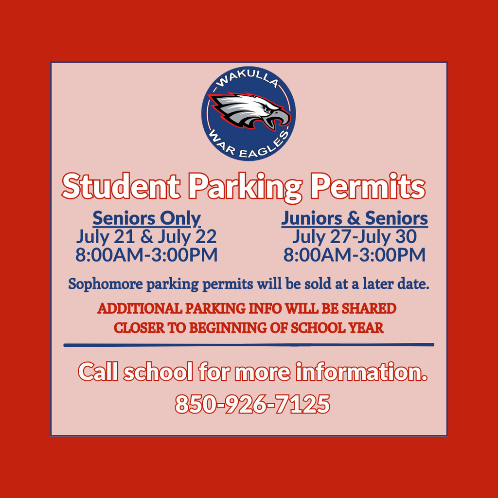 WHS Parking Permit Information Wakulla High School parking permits will be available for purchase on the following dates: Senior Parking Permits Only July 21–22 8:00 AM–3:00 PM Junior & Senior Parking Permits July 27–30 8:00 AM–3:00 PM Parking spaces are limited and will be available on a first-come, first-served basis. Students must complete the parking permit application as part of the process. The cost is $40, and students will receive a hanging parking permit. Parking permit application: https://aptg.co/lnNpbK A WHS parking permit is required to park on campus and will be enforced beginning the first day of school. Additional parking details, including traffic flow and student parking information, will be shared closer to the start of the school year. Sophomore parking permits will be sold at a later date, so stay tuned!
